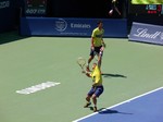 Marcelo Melo (BRA) serving on Stadium Court. Doubles final August 10, 2014 Rogers Cup Toronto