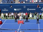 Organizing committe members Karl Hale, Peter King, Leslie Tayles, Marting Westenholme and Lars Graff during Doubles Final Trophy Presentation. August 10, 2014 Rogers Cup Toronto 