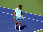 Rogers Federer during warmup on the Stadium Court with Tsonga; August 10, 2014 Rogers Cup Toronto