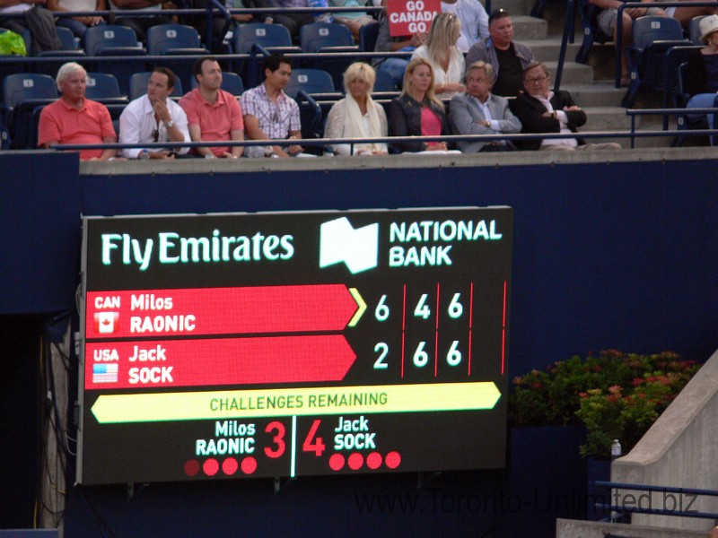 Scoreboard showing that Milos Raonic and Jack Sock about to play tiebreaker in the third set August 6, 2014 Rogers Cup Toronto