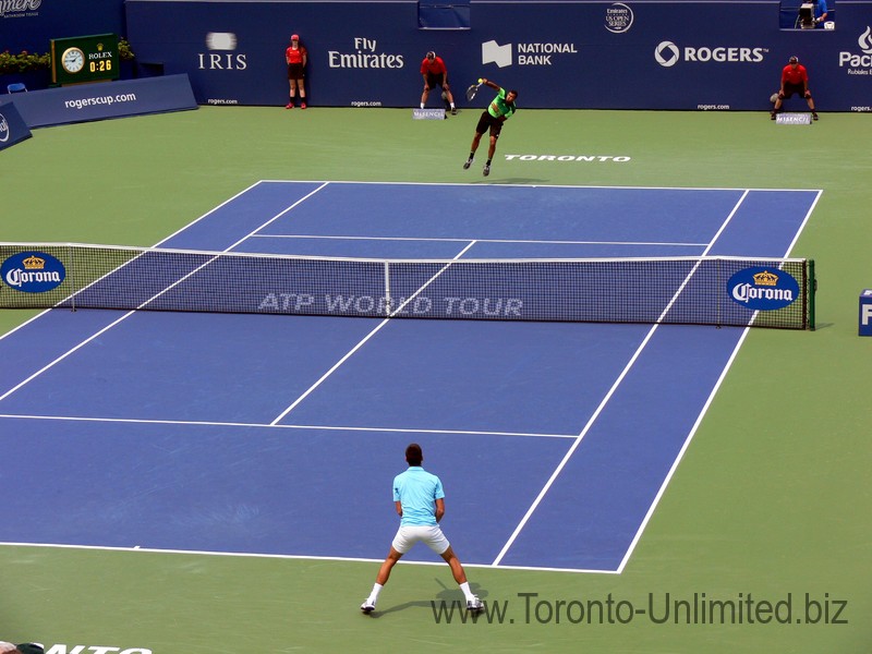 Jo-Wilfried Tsonga serving to Novak Djokovic on Stadium Court August 7, 2014 Rogers Cup Toronto