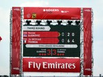 Scoreboard showing Tsonga won the first set and up 4 : 0 in the second set over Novak Djokovic August 7, 2014 Rogers Cup Toronto