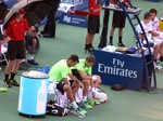 Nedad Zimjonic (SRB) and Daniel Nestor (CDN) during change over. Stadium Court August 9, 2014 Rogers Cup Toronto