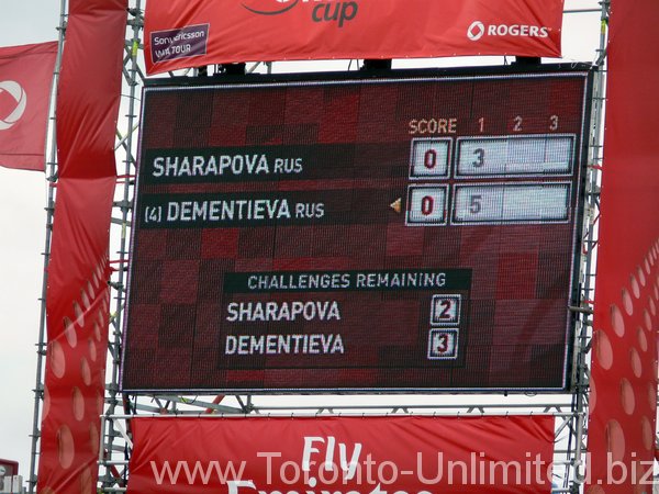 Scroreboard showing Dementieva up 3 : 1 against Sharapova.