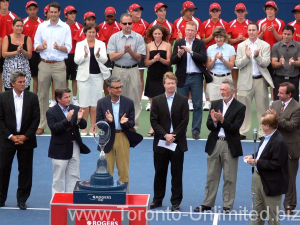 Karl Hale, Keith Rissling, Nadir Mohamed President of Rogers Communication, Martin Wostenholme Tennis Canada Director, Tony Eames Chair of Tennis Canada.