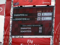 Scroreboard showing Dementieva up 3 : 1 against Sharapova.