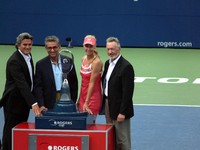 From left; Karl Hale Tournament Director, Nadir Mohamed Rogers Communication CEO, Elena Dementieva Champion and Tony Eames Tennis Canada Chair.