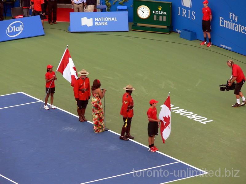O Canada is being sang on Centre Court prior to the Singles Championship match. August 12, 2012 Rogers Cup.