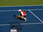 Bryans serving on the Centre Court, Doubles Final Rogers Cup, August 12, 2012. 