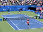 Bob and Mike Bryan leading in tieabreaker 11 : 10. Doubles final, August 12, 2012 Rogers Cup.