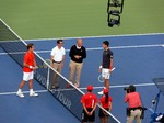 Gasquet and Djokovic are ready for coin toss up on Centre Court. August 12, 2012 Rogers Cup.