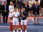 Richard Gasquet a runner up with his trophy and the Champion Novak Djokovic with his Trophy. August 12, 2012 Rogers Cup Toronto.