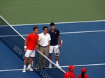 Richard Gasquet, Umpire and Novak Djokovic posing for photo on Centre Court before the final match. August 12, 2012 Rogers Cup.