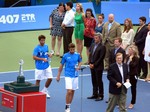 Runners up Marcell Granollers and Marc Lopez with runners up trophies. August 12, 2012 Rogers Cup.