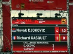 Scoreboard on Centre Court showing Djokovic Gasquet match. August 12, 2012 Rogers Cup. 