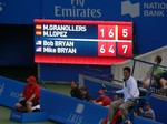 Scoreboard on Centre Court showing Bob and Mike Bryan leading in tiebreaker, doubles final, August 12, 2012 Rogers Cup.