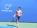 Janko Tipsarevic of Serbia is seen shirtless on practice court August 6, 2012.