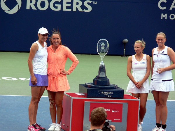 Champions Jelena Jankovic and Katarina Srebotnik and Runnersup Anna-Lena Groenfeld with Kveta Peschke  (CZE) August 11, 2013 Rogers Cup Toronto