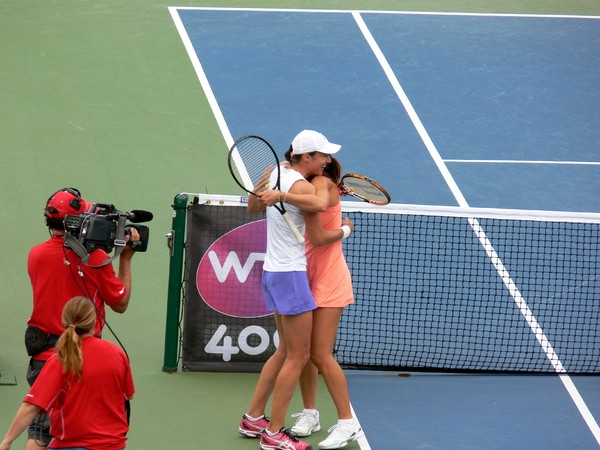 Doubles Champions Jelena Jankovic and Katarina Srebotnik on Centre Court August 11, 2013 Rogers Cup Toronto