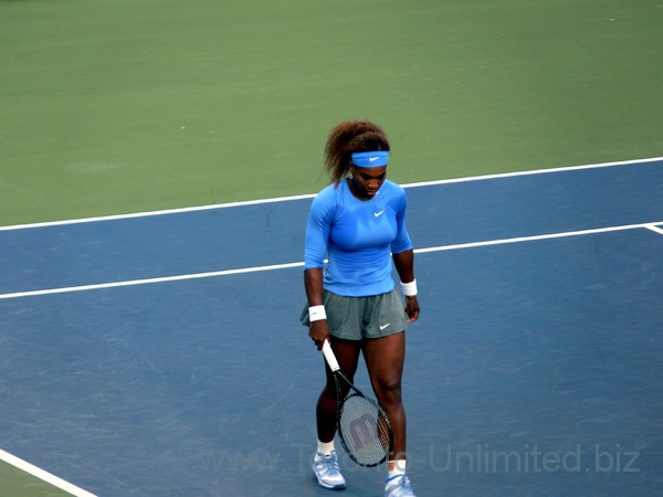 Visibly perspired Serena Williams (USA) on Centre Court playing Magdalena Rybarikova (SVK) August 9, 2013 Rogers Cup Toronto