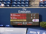 Scoreboard showing Zakopalova and Errani 2:6;6:7 on Centre Court August 7, 2013 Rogers Cup Toronto