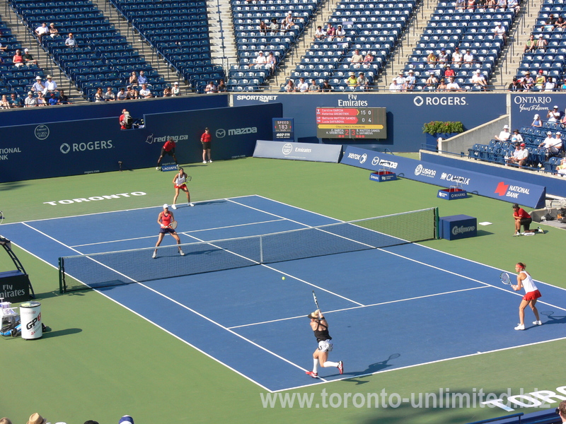 Lucie Safarova and Bethanie Mattek-Sands playing final against Caroline Garcia (FRA) and Katarina Srebotnik (SLO) 16 August 2015 Rogers Cup Toronto.