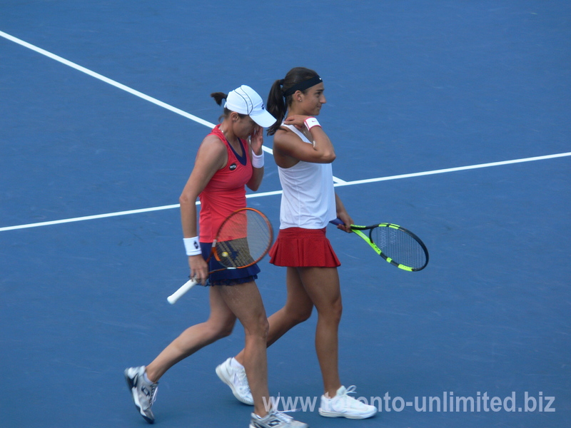 Caroline Garcia (FRA) and Katarina Srebotnik (SLO) on Centre Court playing doubles final 16 August 2015 Rogers Cup Toronto