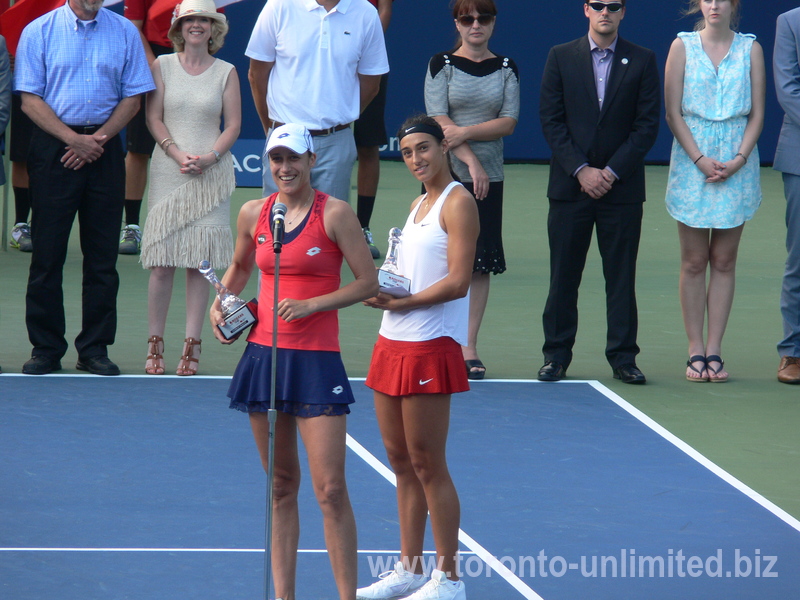 Caroline Garcia  (FRA) and Katarina Srebotnik (SLO) with their Rogers Cup trophies 16 August 2015