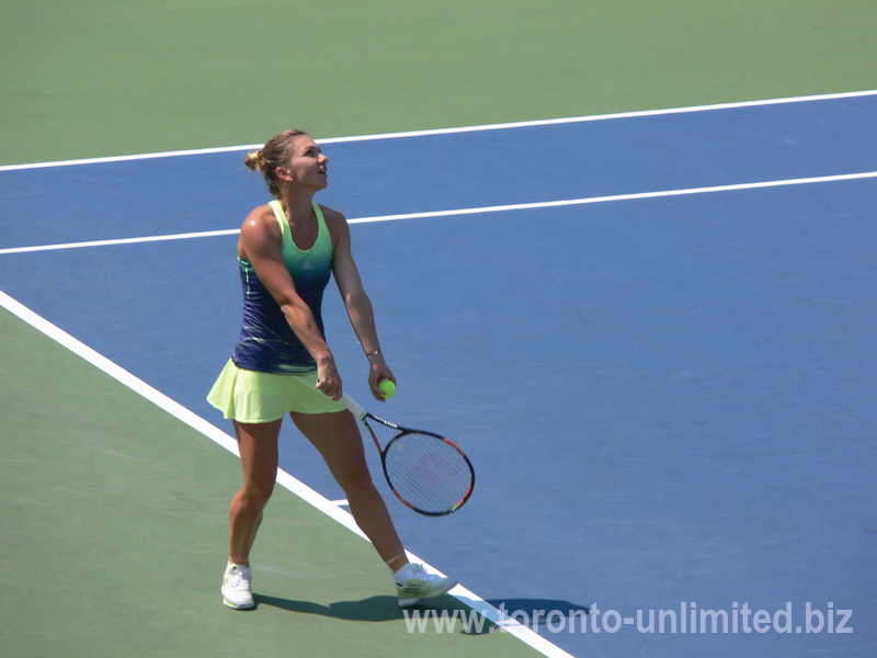 Simona Halep serving to Belinda Bencic during the championship match on Centre Court 16 August 2015 Toronto.  