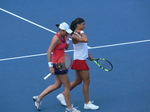 Caroline Garcia (FRA) and Katarina Srebotnik (SLO) on Centre Court playing doubles final 16 August 2015 Rogers Cup Toronto