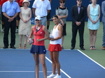 Caroline Garcia  (FRA) and Katarina Srebotnik (SLO) with their Rogers Cup trophies 16 August 2015