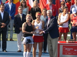 Dale Hooper Rogers Communication Brand Officer presents the Doubles Championship Trophy to Bethanie Mattek-Sands and Lucie Safarova 16 August 2015 Rogers Cup Toronto
