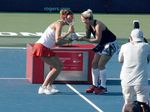 Lucie Safarova (CZE) and Bethanie Mattek-Sands are having fun with their Rogers Cup Championship Trophy 16 August 2015 
