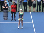 Simona Halep with runner-up trophy giving a speech on Centre Court 16 August 2015 Toronto.