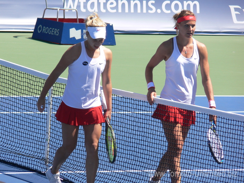 Daria Gavrilova (RUS) a winner is leaving Centre Court with Lucie Safarova (CZE) 12 August 2015 Rogers Cup in Toronto