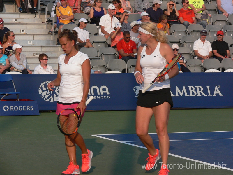 Barbora Strycova (CZE) and Michaella Krajicek (NED) playing doubles match on Grandstand Court against Kristine Mladenovic (FRA) and Karolina Pliskova (CZE) 13 August 2015 Rogers Cup Toronto 