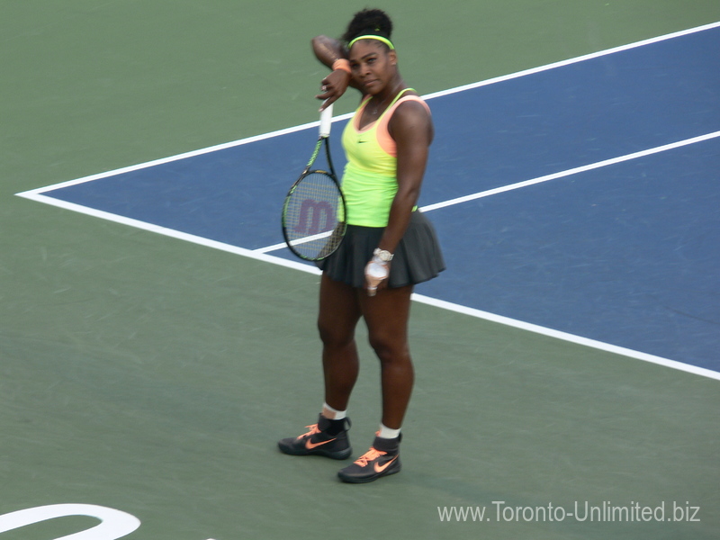 Serena Williams shows a sign of frustration with her game during semi-final match with Belinda Bencic 15 August 2015 Rogers Cup Toronto