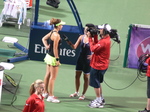 Belinda Bencic a winner over Serena Williams giving her post-match interview 15 August 2015 Rogers Cup in Toronto 