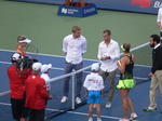 Eugenie Bouchard (CDN) and Belinda Bencic (SUI) standing on Centre Court before coin-toss 11 August 2015 Rogers Cup Toronto