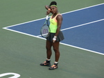 Serena Williams shows a sign of frustration with her game during semi-final mach with Belinda Bencic 15 August 2015 Rogers Cup Toronto