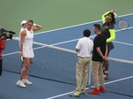 Serena Williams and Andrea Petkovic (GER) are ready for a coin-toss on Centre Court 13 August 2015 Rogers Cup Toronto