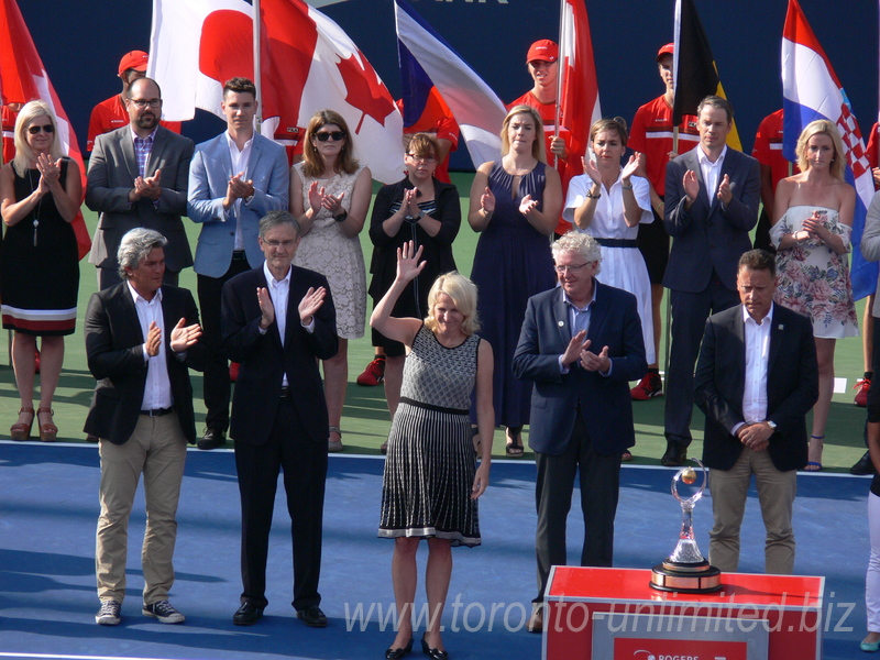 Organizing Committee member Karen Leggett - Chief Marketing Officer of National Bank is being introduced during ceremony 31 July 2016