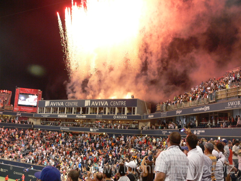 Central Court erupts with fireworks after the semifinal win by Novak Djokovic over Gael Djokovic at evening match 30 July 2016 Rogers Cup Toronto