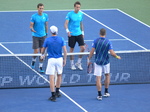 Jamie Murray (GBR) and Bruno Soares (BRA) won the doubles game over Nestor and Pospisil.  Their handshake