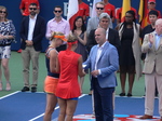 Marten Gagnon of National Bank is presenting cheque to the winners Ekaterina Makarova and Elena Vesnina Rogers Cup 2017 Toronto Finals!