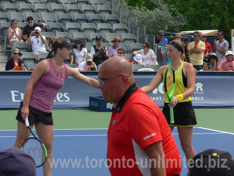 Gabriela Dabrowski (CDN) on the left and Jelena Ostapenko (LAT) in the doubls match on Grandstand 12 August 2017 Rogers Cup Toronto!