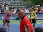 Gabriela Dabrowski (CDN) on the left and Jelena Ostapenko (LAT) in the doubls match on Grandstand 12 August 2017 Rogers Cup Toronto!