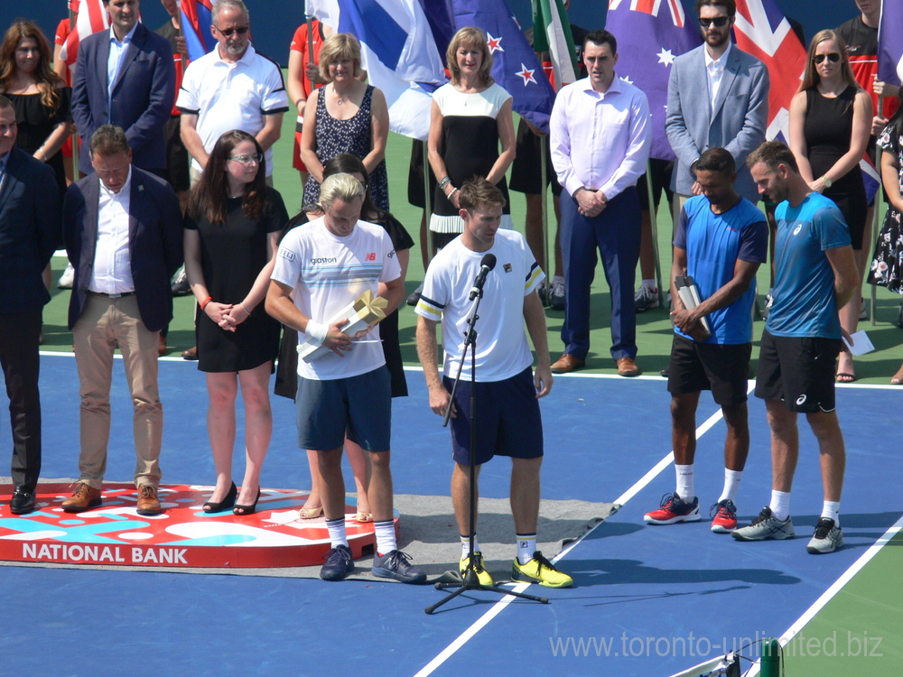 Doubles Champions Henri Kontinen and John Peers making speech. Rogers Cup August 12, 2018 Toronto