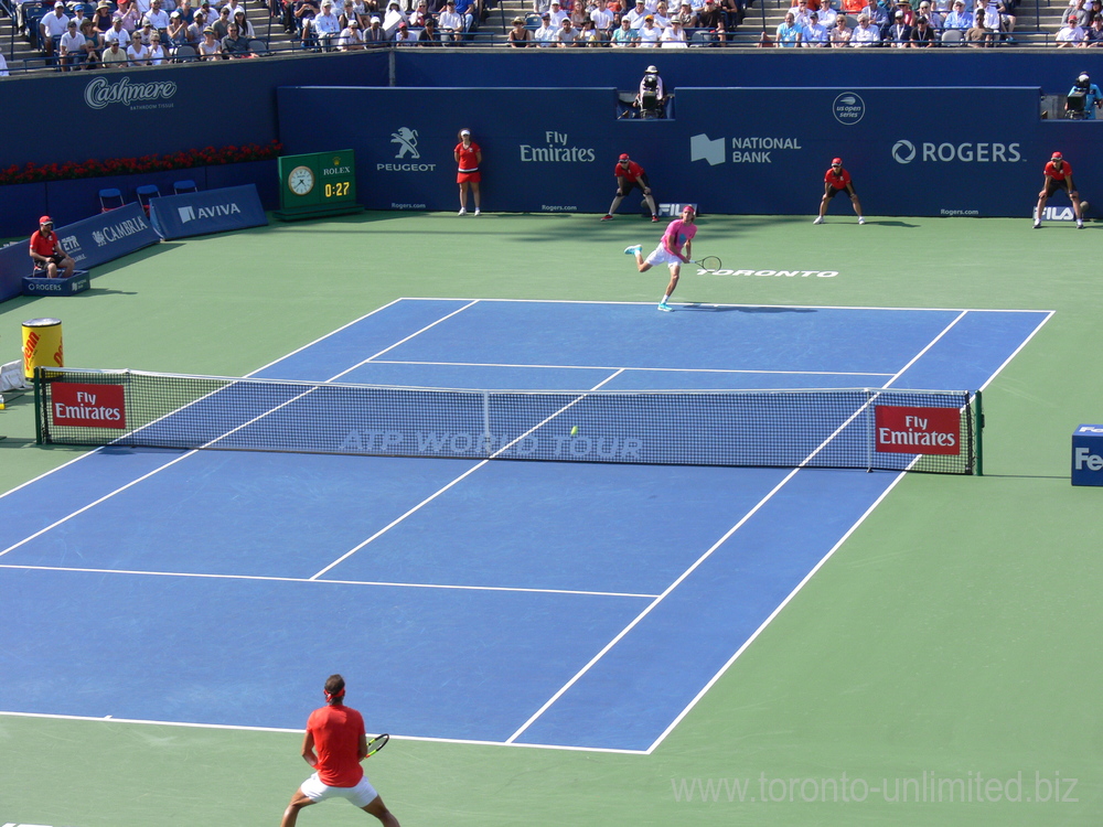 Stefanos Tsitsipas has just served to Rafael Nadal on the Centre Court in the Rogers Cup Final August 12, 2018 Toronto!