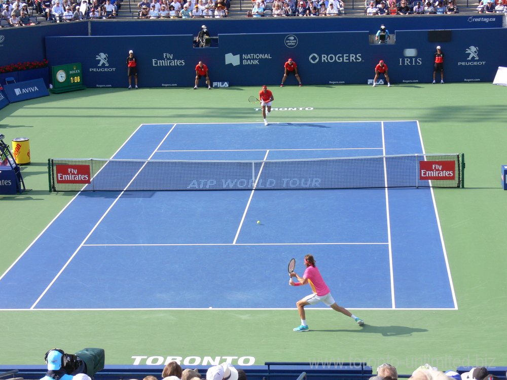 Steafanos Tsitsipas returning serve to Rafael Nadal on the Centre Court in Singles Final Rogers Cup August 12, 2018 Toronto!